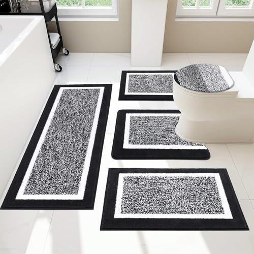 Pauwer Badezimmerteppich-Sets – 5-teiliges Set mit Deckelbezug, U-förmige Kontur-WC-Matte, saugfähige Mikrofaser-Plüsch-Badematten, rutschfest, maschinenwaschbar, Badezimmer-Fußmatten