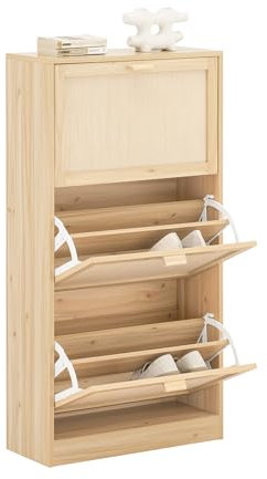 SoBuy FSR159-N Schuhkipper mit 3 Klappen Schuhschrank schmal Schuhablage Schuhregal mit 6 Ablageflächen Schuhkommode Natur BHT ca. 60x118x24cm