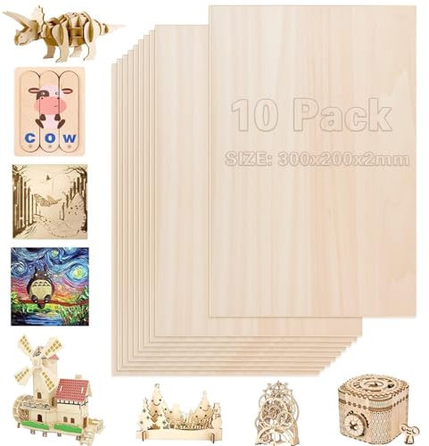 KARBAG 10 Pcs Balsa Wood Sheets, 300x200x2mm Plywood Sheets Basswood Sheet Unfinished Wood Board Thin Craft Wood Board with 2 Colored Pencils for Craft, Laser, Woodcraft Model, Painting, DIY Projects
