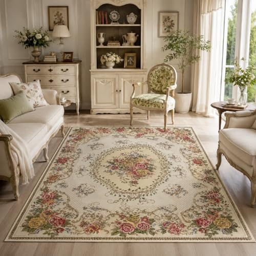 Amorettise Rustikaler Teppich im Shabby-Rosen-Stil, 1,5 x 1,8 m, Vintage-Blumenmuster, Landhausstil, rutschfeste Bodenmatte für Mädchen, Schlafzimmer, Wohnzimmer, Wohnheim
