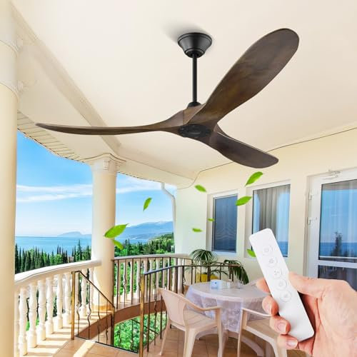 52 inch Outdoor Wood Ceiling Fan without light, Modern propeller ceiling fan with remote, Low Profile Fans, Reversible Quiet DC Motor for indoor/outdoor, Patio, Porch, Farmhouse (52 inch(132cm))