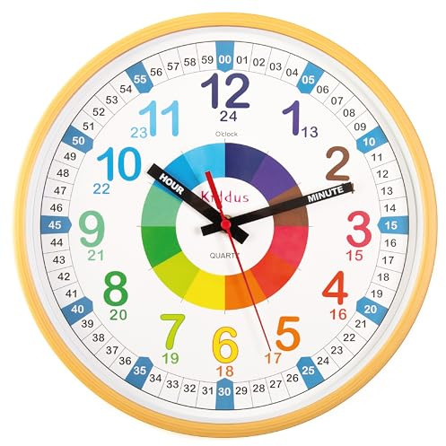 Kiddus Lernuhr Wanduhr Kinder 20cm, Pädagogische Uhr für Jungen & Mädchen, Lautloses Uhrwerk, Zeiger mit Stunde & Minute Beschriftung, Ideal für Schulanfänger - 10 Wood EN 30cm