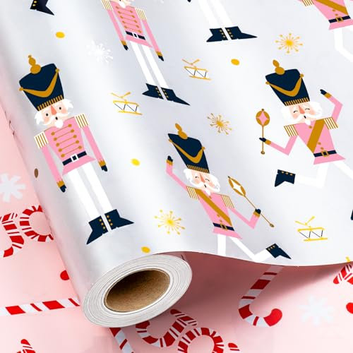 Yarcony Pink Nutcracker Christmas Wrapping Paper Roll - 17 Inch X 33 Feet - Funny Reversible Pearly-Lustre Foil Gift Wrap Paper w/Candy Cane Design for Chrsitmas Holiday Party Theater Present Decor