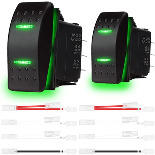 MKBKLLJY 2St. Kippschalter Kippschalter (EIN)-Aus-(EIN) 3 Positionen Wasserdicht DC 12V/20A 24V/10A 7Pin DPDT Grünes LED Licht, mit Überbrückungskabel Set für Boot Auto