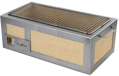 Kasai Japanese Grills, Kasai Konro Grill medio lungo con telaio in acciaio inox, realizzato nel Regno Unito in collaborazione con Tommy Banks, dimensione media della griglia per 4-8 persone