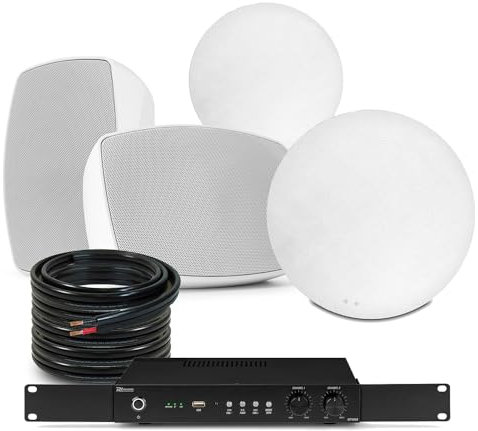 Power Dynamics 2-Zone Home Multi Room Sound System with Integrated Kitchen Ceiling and External Garden Patio Speakers, 6.5-Inch White Outdoor IPX5 Audio Set