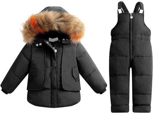 Generisch Combinaison de neige pour enfant et bébé - Vêtement d'hiver pour nourrisson - Veste à capuche en fausse fourrure - Manteau - Offre d'hiver pour homme, Noir , 5-6 ans