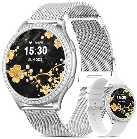 elfofle Smartwatch Donna con funzione telefonica, 1,32 IPS Screen IP68 Impermeabile /120 Modalità Sport/Orologio da Polso/SpO2/Ciclo Mestruale Monitor Sonno Diamond Smart per iOS Android Argento