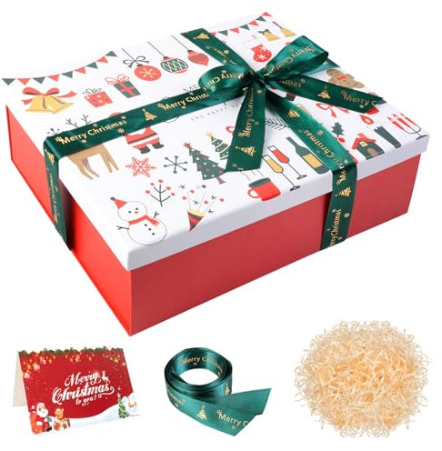 Geschenkbox für Weihnachten Faltbare Geschenkboxen Rot, Geschenkbox mit Deckel Groß mit Schleife und Grußkarte, Geschenk Kartonschachtel 28 x 20.7 x 10 cm, Box Rot mit Deckel