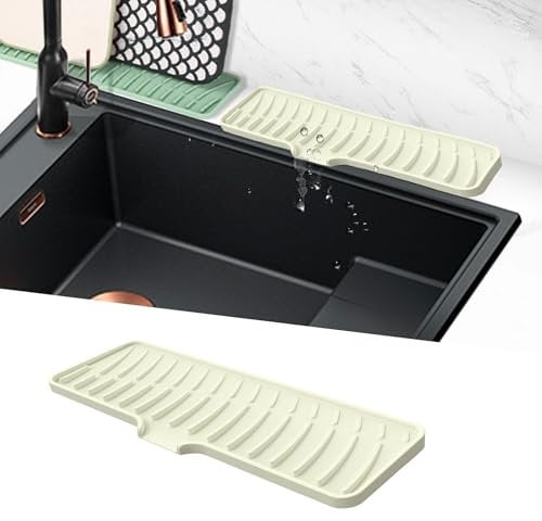 Volminex Silicone Faucet Mat for Sink, Narrow Kitchen Sink Splash Guard, Faucet Handle Drip Catcher Tray, Draining Mat for Sink Protector, Tap Drain Mats for Kitchen Bathroom Counter (White, 42 cm)