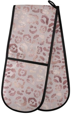 Double Oven Gloves Rose Gold Leopard Print Pink Heat Resistant Pot Holder Oven Mitt Gloves for BBQ Cooking Baking Grilling Microwave