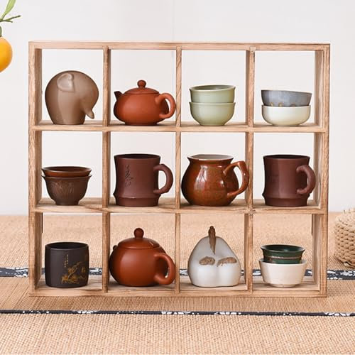 SanzIa Etagère en Bois pour Tasses à Thé et Mugs 12 Compartiments Présentoir Mural Flottant Organisateurs Décoratifs Rustiques pour la Ferme(Natural)