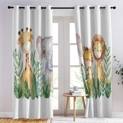 SZLYZM Vorhänge Zootiere, Verdunkelungsvorhang 2er Set - Vorhang Blickdicht Dschungel Tiere Muster, Thermovorhang für Deko Wohnzimmer Schlafzimmer, Gardinen mit Ösen 160x132 cm (HxB)