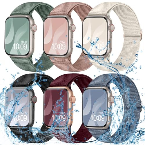 Superuper 6 Pack Waterproof Stretch Band Compatible for Apple Watch Straps 40mm 41mm 46mm 45mm 40mm 44mm 42mm 38mm 49mm for Women Men, Elastic Sweatproof Strap for iWatch SE 10 9 8 7 6 5 4 3 2 1 Ultra