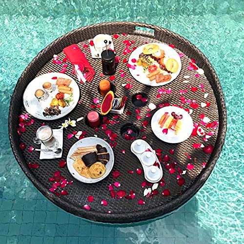 ABNNHK Vassoio da Portata Rotondo in Rattan con Manico Vassoi da Colazione galleggianti per Piscina Vassoio da Portata Robusto Vassoio da maggiordomo Impermeabile per Colazione Piatti da