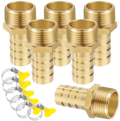 Filettatura Tubo Connettore, 6 Pezzi 14 mm Barb x 3/4 Maschio Connettori per Tubi in Ottone, Raccordo Portagomma Adattatore con Fascetta per Acqua, Gas, Aria