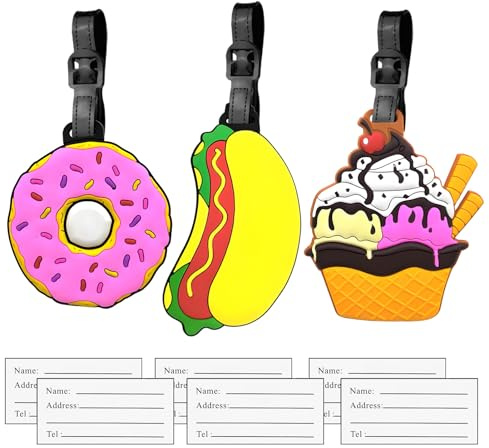 3 Stück Kofferanhänger Koffer Donut Kuchen Hotdog, Lustige Essen Gepäckanhänger für Kinder Erwachsene, Handtasche Tag ID Etikett Koffer Tasche Etiketten Reisezubehör, Perfekt zum Schnellen Auffinden