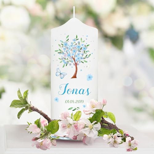 Wandtattoo Loft Taufkerze Junge personalisierte Patenkerze, Motiv Baum mit Blüten, 18cm x 7cm, personalisierte Kerze, bedruckte Kerze Taufe, Stumpenkerze, individuelles Taufgeschenk