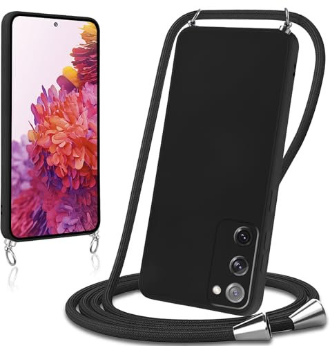 Knrlqim Handyband für Samsung Galaxy S20 FE / S20 Lite Hülle mit Band Liquid Silikon Necklace Handyhülle mit Abnehmbar Kordel Schutzhülle zum Umhängen Stoßfest Case Cover,Schwarz
