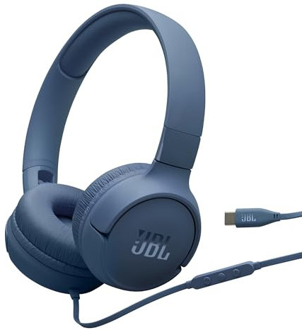 JBL Tune 520C, kabelgebundene On-Ear-Kopfhörer mit Mikrofon, Pure Bass Sound, EQ-Presets, USB-C-Anschluss, faltbares Design und kabelsalatfreies Kabel, Blau