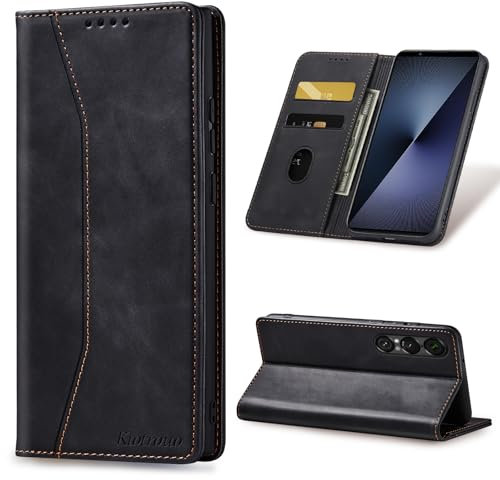 KIOTROUO Handyhülle für Sony Xperia 1 VII 5G Hülle Klappbar Premium Lederhülle Flip Case Standfunktion Magnetische Kartenfächern Schutzhülle Kartenfach Klapphülle für Xperia1 VII Cover, Schwarz