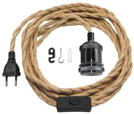 16.7FT Kit de Lámpara Colgante de Cuerda de Cáñamo, E26 E27 Negro Perla Metal Antiguo Base de Lámpara Cuerda Colgante, DIY Cable de Luz de Cáñamo con Enchufe de Interruptor Decoración Iluminación