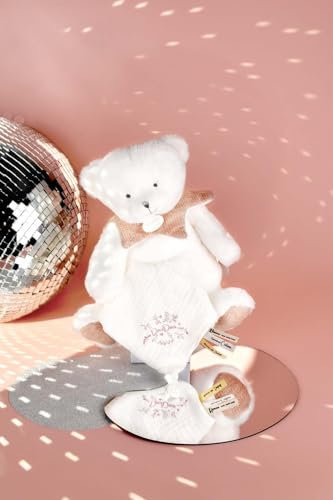 DOUDOU ET COMPAGNIE - Pantin Ours Rose avec Doudou Mouchoir Brodé - Peluche Collector Anniversaire 25 Ans - Idée Cadeau Naissance Bébé - Garantie Doudou Perdu - Doudou Peluche Ultra Doux - DC4334