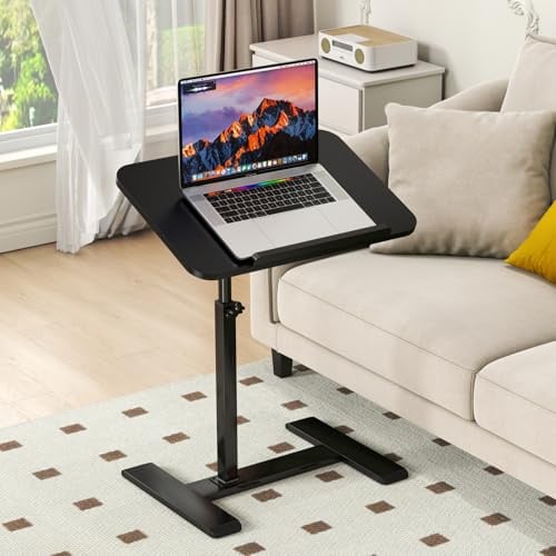 Beistelltisch mit Rollen Höhenverstellbar, 360°Drehbar C Form Couch Beistelltisch, Holz Mobiler Laptop Stand TV Kleiner Tisch für Sofa/Bett, Flip-Top&Rotierend Laptoptisch für Wohnzimmer (schwarz)