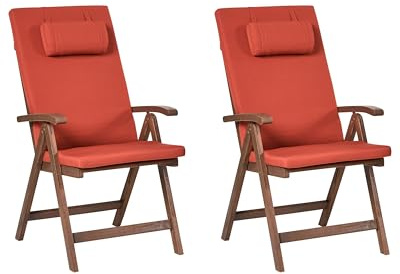 Beliani Set of 2 Rustic Garden Chairs Natural Acacia Wood Adjustable Foldable with Armrests Red Cushions Amantea Premium