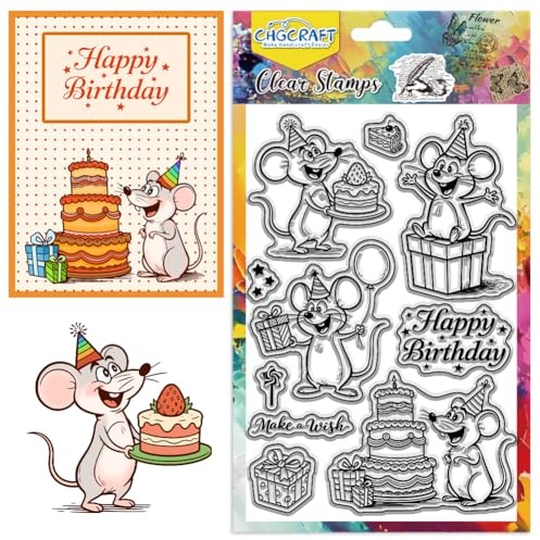CHGCRAFT Alles Gute zum Geburtstag Klare Stempel Niedliche Maus Transparente Stempel Geschenk Kuchen Silikon Klar Siegel für DIY Scrapbooking Fotoalbum Dekoration, 4,3×6,3 Zoll