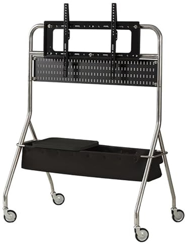 Support TV mobile à roulettes, hauteur réglable pour téléviseurs de 40 à 80 pouces, chariot TV à roulettes avec panneau perforé et panier de rangement en cuir synthétique – Design noir moder