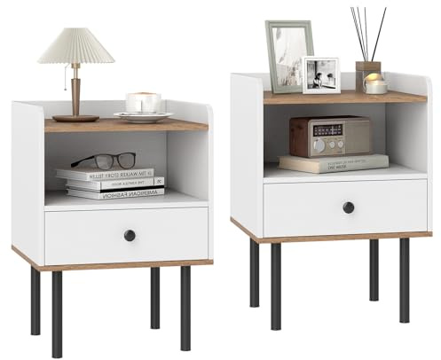 COSTWAY Nachttisch 2er Set, Beistelltisch mit Schublade, offenem Ablagefach und Metallbeinen, Nachtschrank, Nachtkonsole, Nachtkommode für Schlafzimmer, Wohnzimmer, 40,5 x 35 x 56 cm (Weiß)