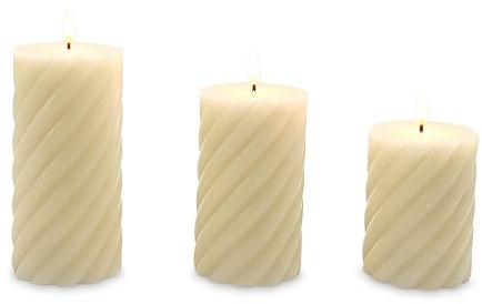 Relaxdays LED Kerzen, 3er Set, 3 Größen, flackernde Flamme, Echtwachs, gedreht, flammenlose Stumpenkerzen, Champagner