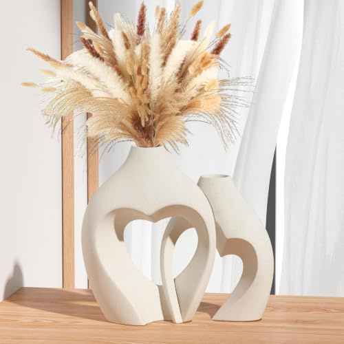Keramik Vase 2er Set, Weiß Vasen Set, Herzförmiges Blumenvase Modern für Home Decoration, Vase für Pampasgras, Schlafzimmer Wohnzimmer Esszimmer Deko Aesthetic