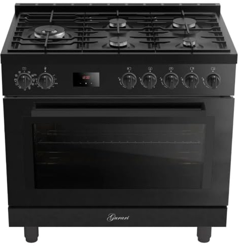 Gurari Fornello a gas 90 cm GCH E 818 BL • Forno elettrico a gas nero • Forno XXL da 126L con Air Fry & girarrosto • 5 bruciatori a gas con bruciatore WOK da 4 kW • Gas naturale/gas propano • Premium