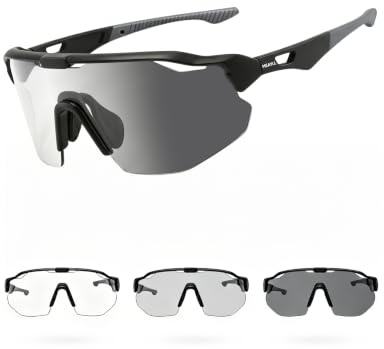 Meayll Fahrradbrille Herren Damen Selbsttönend, Photochrome Laufbrille UV400 mit Verstellbarem Nasenpad, 27g Leichte TR90 Sportbrille Sonnenbrille Schnelle Brille für Fahrrad, MTB, Outdoor, Schwarz