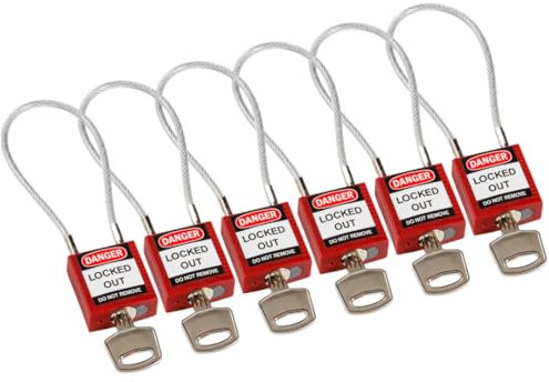 Brady Cadenas à câble compacts 6-pack - Lockout Tagout Cadenas de sécurité avec clé - Cadenas à longue tige - Clé Identique - 32mm x 35mm x 16mm - Longueur du câble 200 mm, Rouge