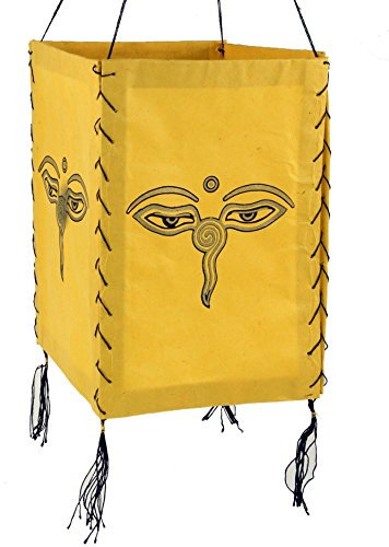 GURU SHOP Lokta Papier Hänge Lampenschirm, Deckenleuchte aus Handgeschöpftem Papier - Buddhas Augen Gelb, Lokta-Papier, 28x18x18 cm, Asiatische Lampenschirme aus Papier & Stoff