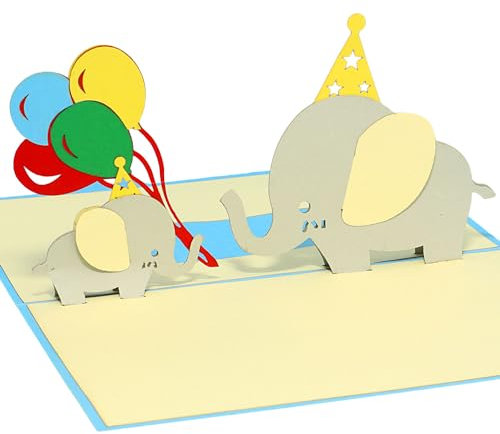 LINPOPUP® 3D Pop-Up Karte Kindergeburtstag, Geburtstagskarte mit Umschlag, Happy Birthday - Gutscheinkarte zum Geburtstag, Geschenk für Kind, Geburtstagskarte für Kind, Elefant, Luftballons, N288