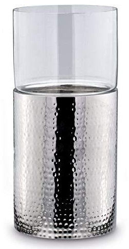 große runde Silberne XL Glas Boden-Windlicht-Säule Edelstahl gehämmert Ø 24 cm Höhe 49 cm - Deko Kerzenhalter & Kerzenständer für große Stumpenkerzen