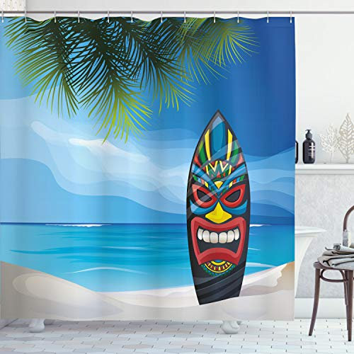 ABAKUHAUS Tiki-Bar Duschvorhang, Tiki Surfbrett, Stoffliches Gewebe Badezimmerdekorationsset mit Haken, 175 x 200 cm, Mehrfarbig