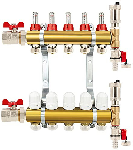 Messing Heizkreisverteiler 2-12 fach Fußbodenheizung Verteiler Heizkreise Entlüftungsset Kugelhahn Adapter PEX (5 Heizkreise)