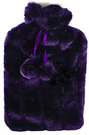 2L Hot Water Bottle Warm Soft Luxury Faux Fur Fluffy Pom Pom Cover Christmas (Lavender Purple)