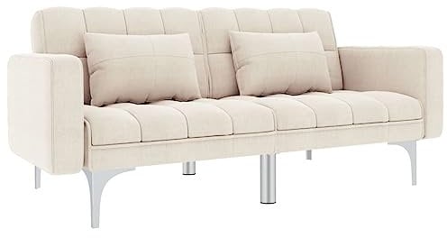 vidaXL Schlafsofa mit 2 Kissen Sofa Gästesofa Schlafcouch Bettsofa Sofabett Couch Bettcouch Polstersofa Gästebett Wohnzimmer Creme Stoff