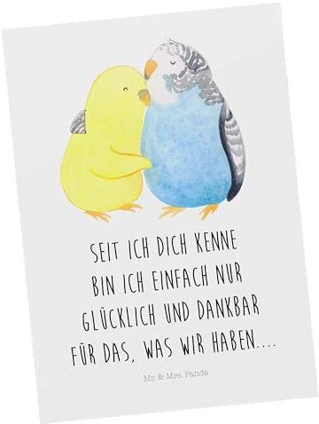 Mr. & Mrs. Panda Postkarte Wellensittich Liebe - Geschenk, Partner, Freund, Geschenkkarte, Einladung, Grußkarte, Freundin, Kuscheln, Umarmen, Vögel