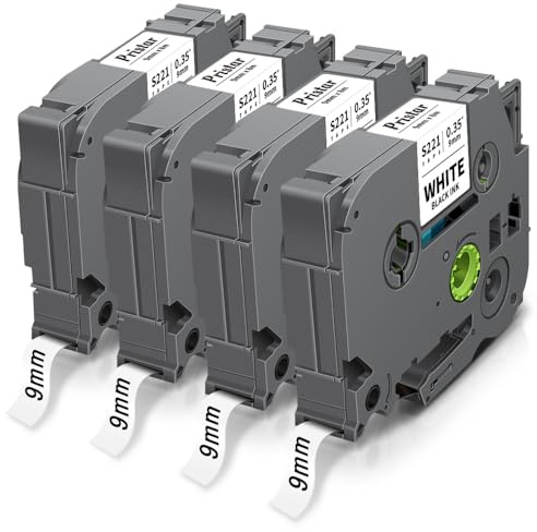 Pristar 4x Kompatibel Tze Starker Klebstoff 9mm Bänder für TZe-S221 TZeS221 | Tz-s221 Etikettenband für Brother PT-H105 H108 H100LB E110 H107B H100R D210 H200 H110 P710bt D400 1000 1250, Schwarz auf weiß