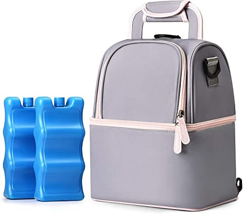 NCVI Breastmilk Cooler Bag With 2 Ice Packs, Breast Pump Bag Fits 6 Bottles, Double Layer Baby Bottle Cooler for Travel, Nursing Mom, Daycare, Work, Picnic (Grey)
