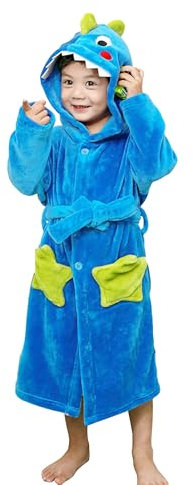 LOLANTA Kids Fleece Dressing Gown with Pocket, Loungewear Animal Housecoat, Cozy Warm Plush Robe, Dark Blue Dinosaur, 6-8 Years, L