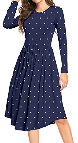 YUNDAI Women Summer Midi Dress Long Sleeve Ladies Dress Crew Neck Floral Plain Beach Party Dresses with Pocket