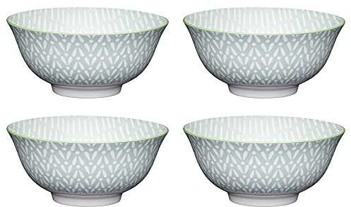 KitchenCraft Set of 4 Glazed Stoneware Bowls with Mark Making Pattern, Grey & White Ceramic Bowls with Footed Base, Microwave & Dishwasher Safe, 15.7 cm (6),